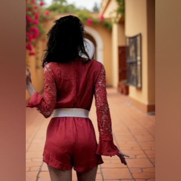 Coral Red Lace Long Sleeve Romper - Picture 6 of 10